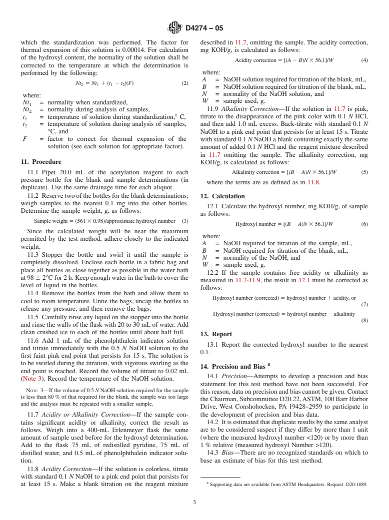 ASTM D4274-05 - Standard Test Methods for Testing Polyurethane Raw Materials: Determination of Hydroxyl Numbers of Polyols