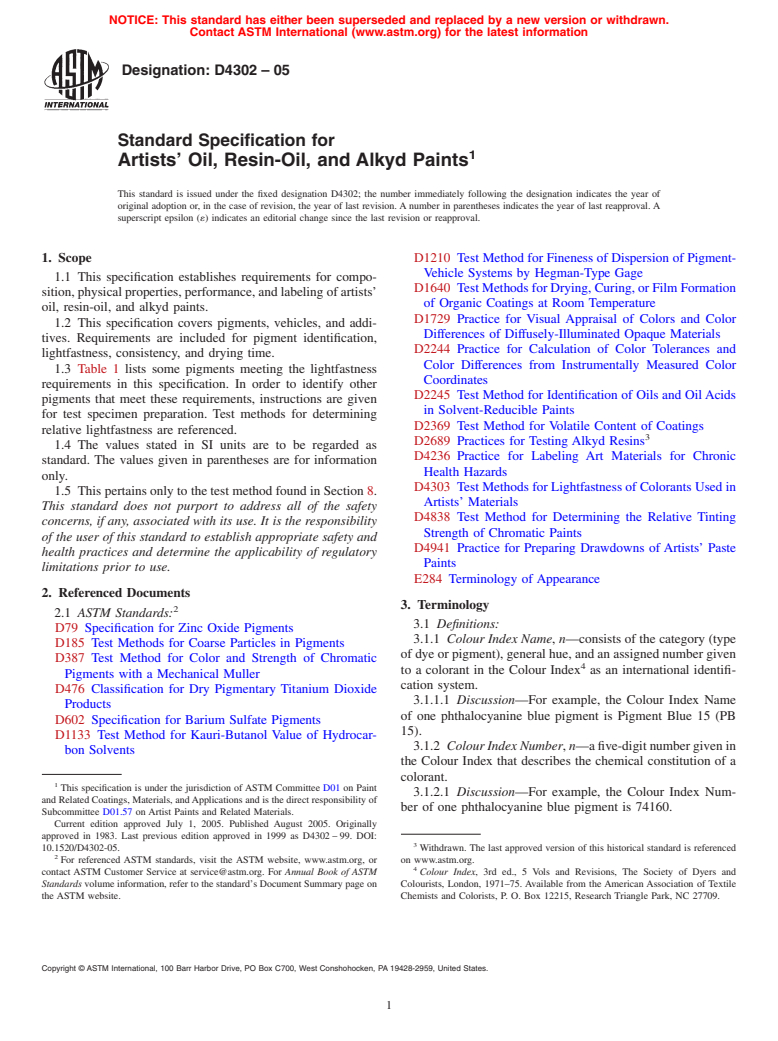 ASTM D4302-05 - Standard Specification for Artists' Oil, Resin-Oil, and Alkyd Paints