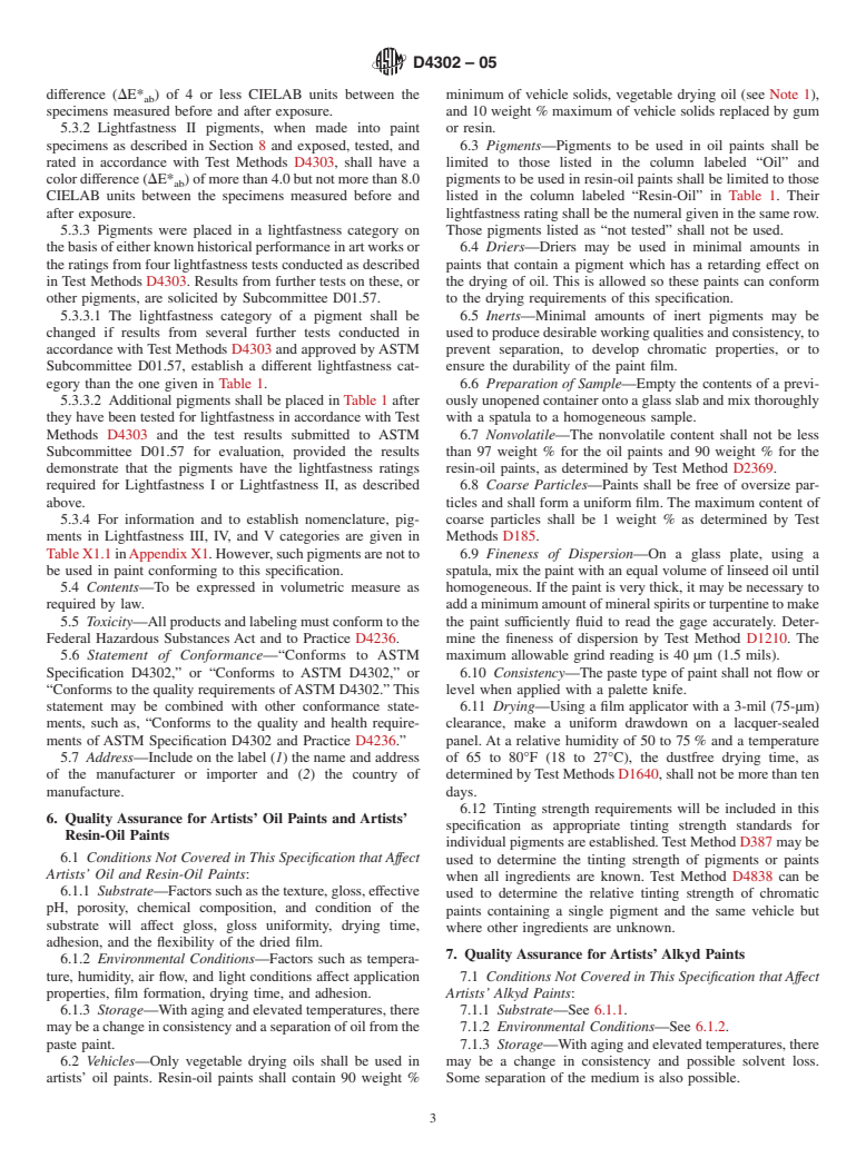 ASTM D4302-05 - Standard Specification for Artists' Oil, Resin-Oil, and Alkyd Paints