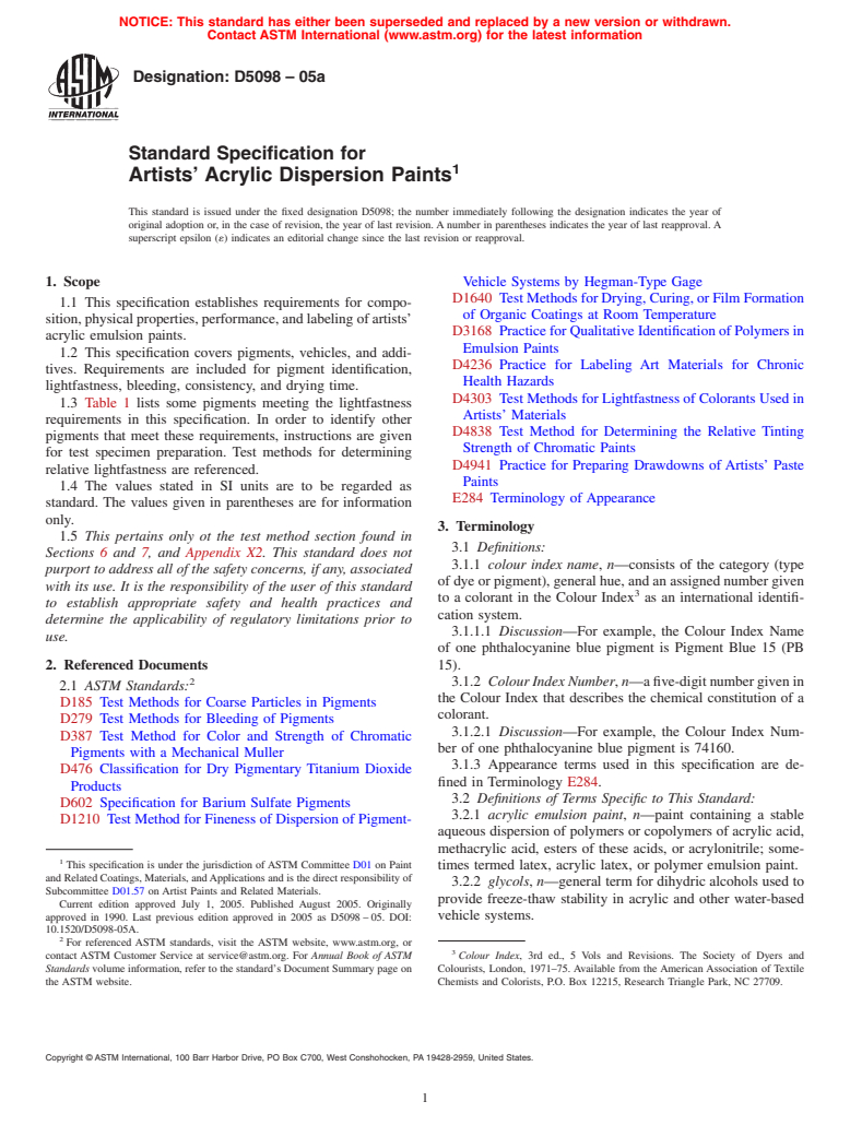 ASTM D5098-05a - Standard Specification for Artists' Acrylic Dispersion Paints