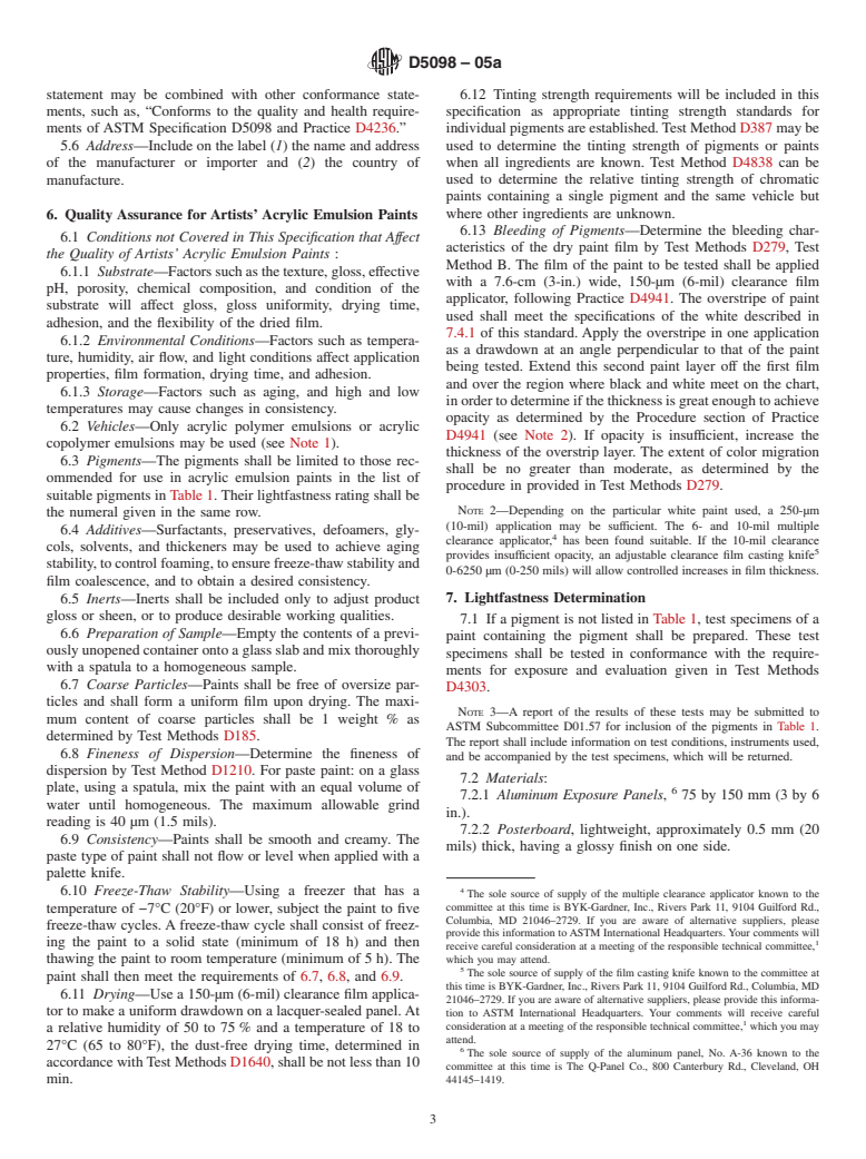 ASTM D5098-05a - Standard Specification for Artists' Acrylic Dispersion Paints