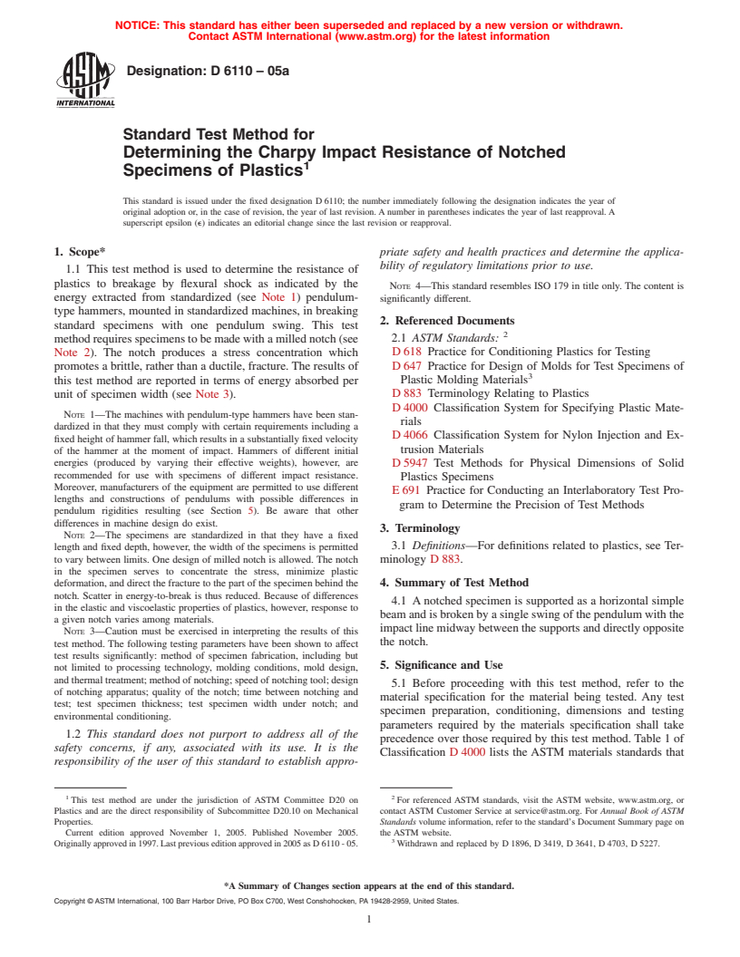 ASTM D6110-05 - Standard Test Methods for Determining the Charpy Impact Resistance of Notched Specimens of Plastics