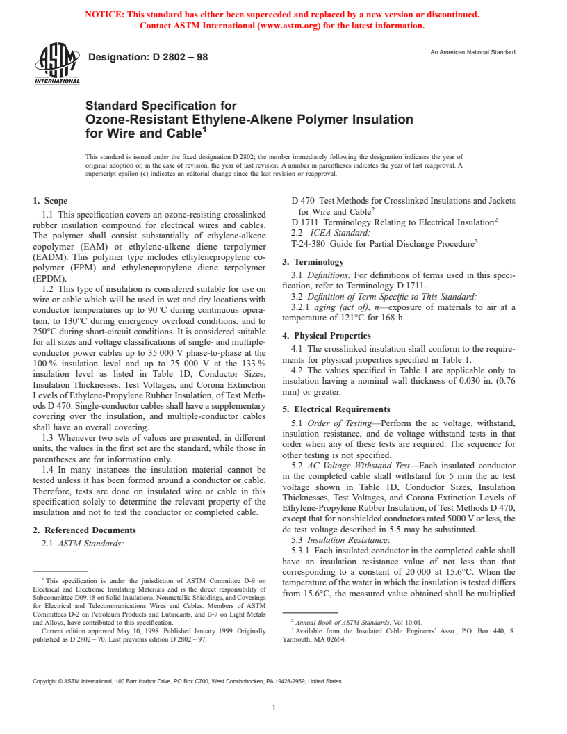 ASTM D2802-98 - Standard Specification for Ozone-Resistant Ethylene-Alkene Polymer Insulation for Wire and Cable