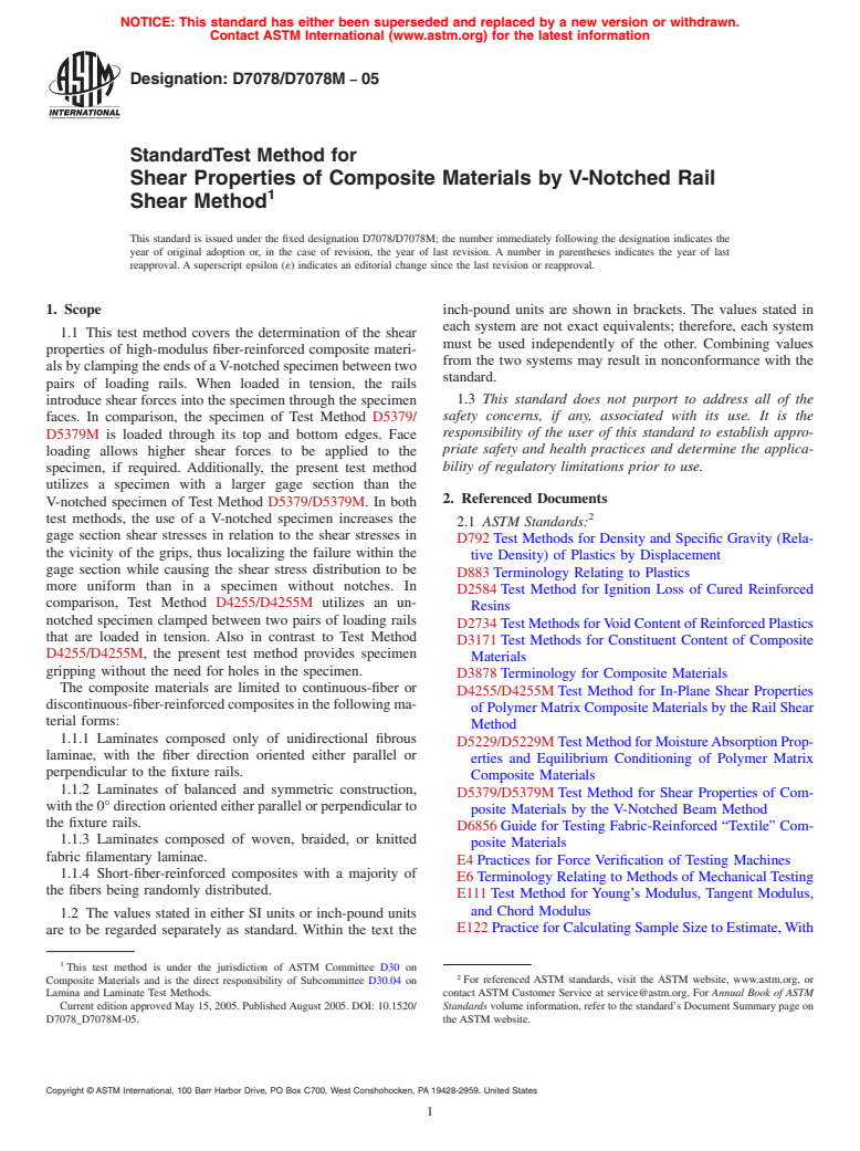 ASTM D7078/D7078M-05 - Standard Test Method for Shear Properties of Composite Materials by V-Notched Rail Shear Method