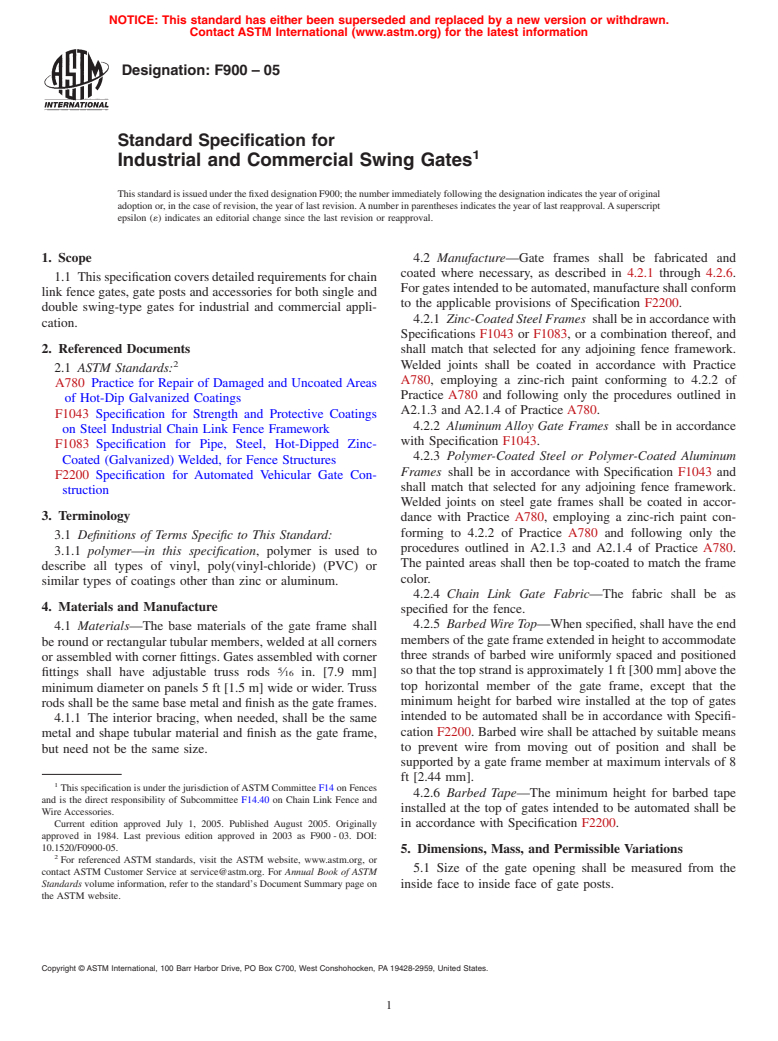 ASTM F900-05 - Standard Specification for Industrial and Commercial Swing Gates