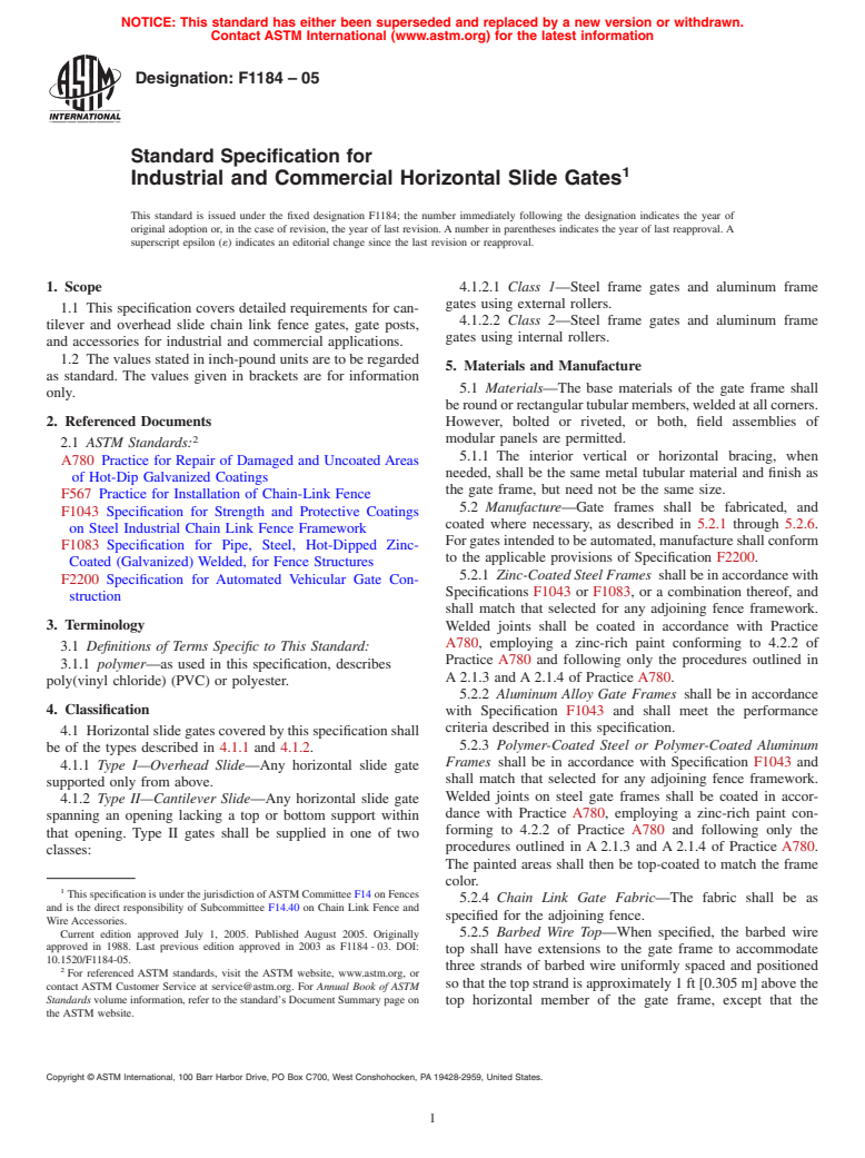 ASTM F1184-05 - Standard Specification for Industrial and Commercial Horizontal Slide Gates