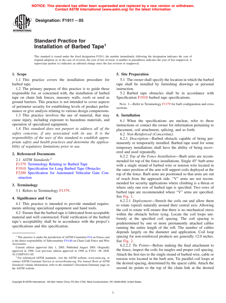 ASTM F1911-05 - Standard Practice for Installation of Barbed Tape