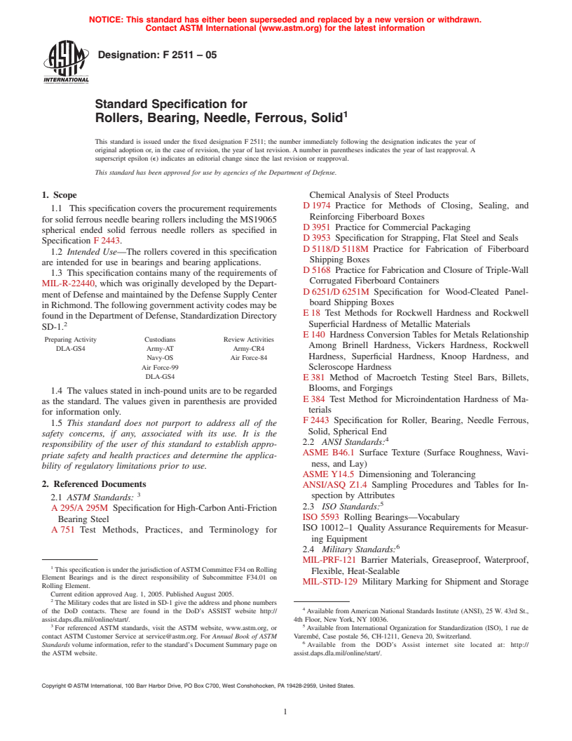 ASTM F2511-05 - Standard Specification for Rollers, Bearing, Needle, Ferrous, Solid