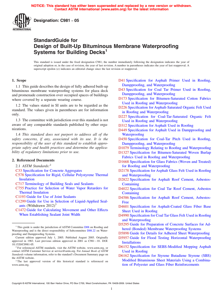 ASTM C981-05 - Standard Guide for Design of Built-Up Bituminous Membrane Waterproofing Systems for Building Decks