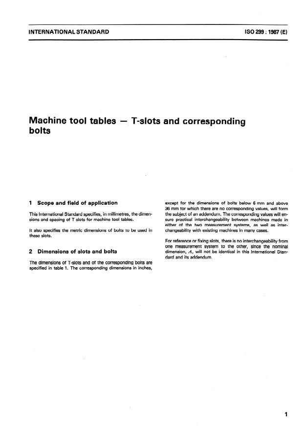 ISO 299:1987 - Machine tool tables -- T-slots and corresponding bolts
