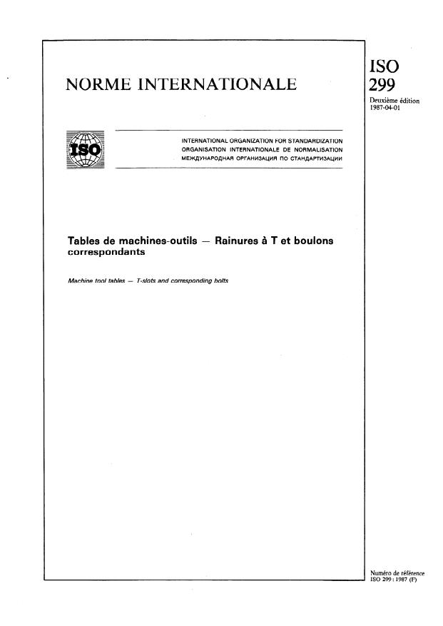 ISO 299:1987 - Tables de machines-outils -- Rainures a T et boulons correspondants