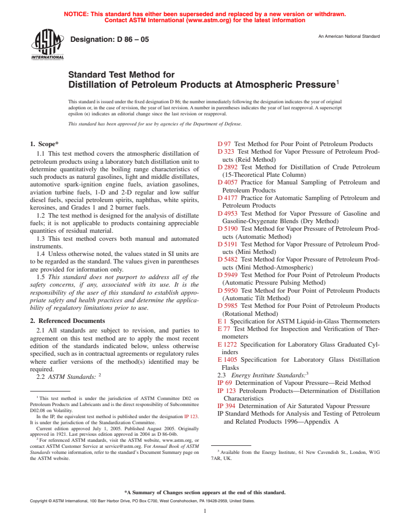 ASTM D86-05 - Standard Test Method for Distillation of Petroleum Products at Atmospheric Pressure