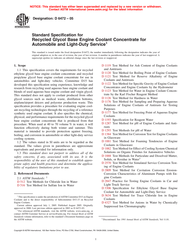 ASTM D6472-05 - Standard Specification for Recycled Glycol Base Engine Coolant Concentrate for Automobile and Light-Duty Service