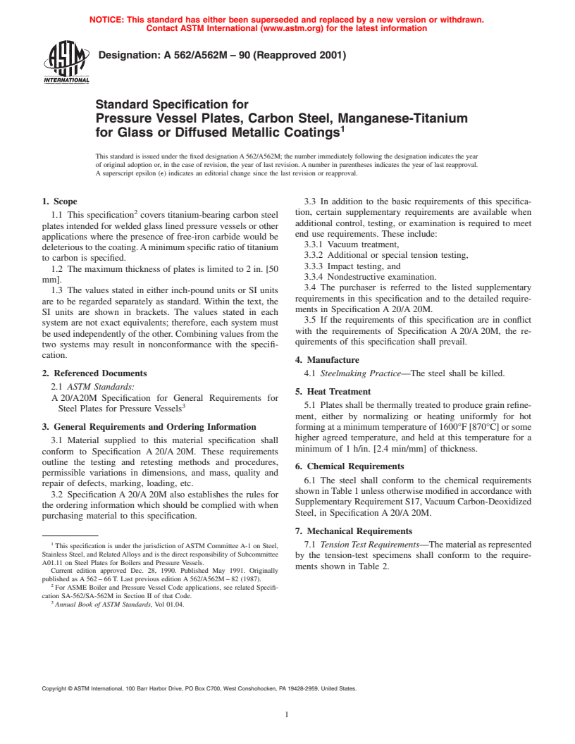 ASTM A562/A562M-90(2001) - Standard Specification for Pressure Vessel Plates, Carbon Steel, Manganese-Titanium for Glass or Diffused Metallic Coatings