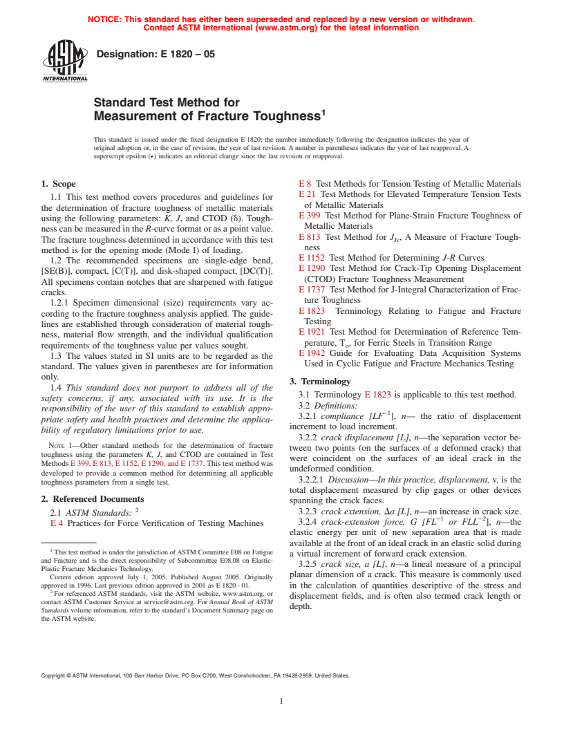 ASTM E1820-05 - Standard Test Method for Measurement of Fracture Toughness