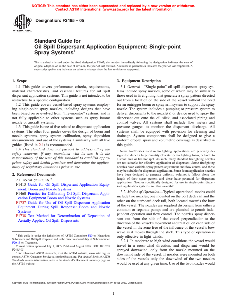 ASTM F2465-05 - Standard Guide for Oil Spill Dispersant Application Equipment: Single-point Spray Systems