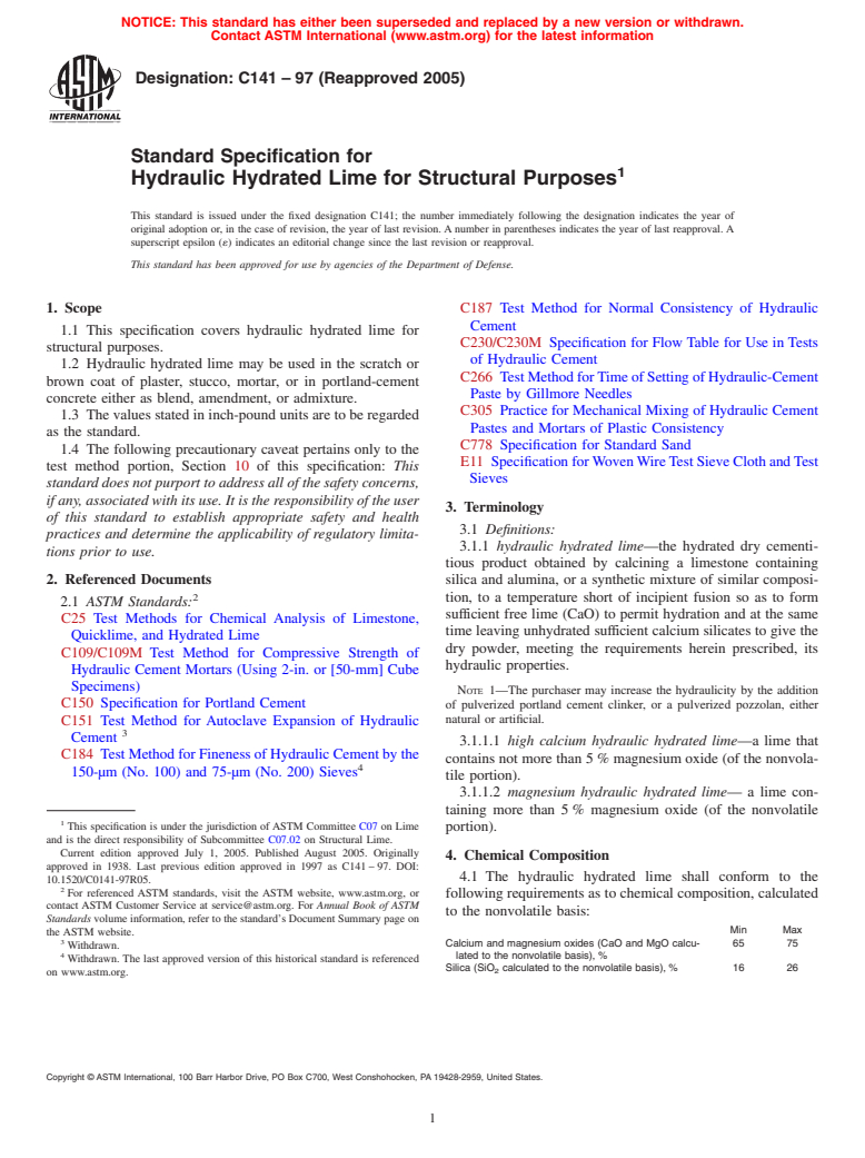 ASTM C141-97(2005) - Standard Specification for Hydraulic Hydrated Lime for Structural Purposes