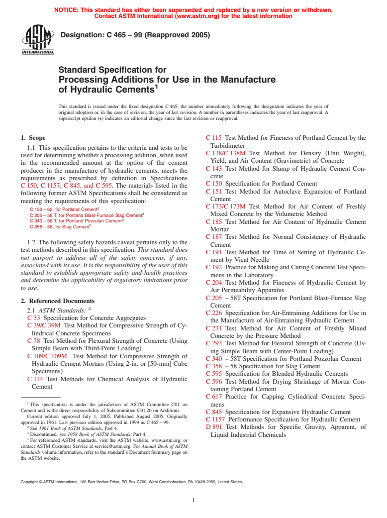 ASTM C465-99(2005) - Standard Specification for Processing Additions for Use in the Manufacture of Hydraulic Cements