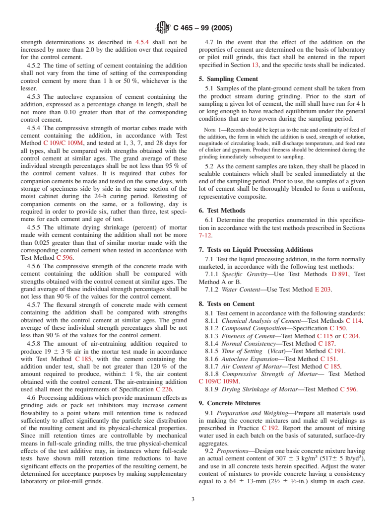 ASTM C465-99(2005) - Standard Specification for Processing Additions for Use in the Manufacture of Hydraulic Cements