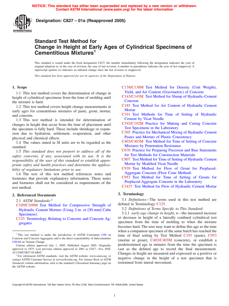 ASTM C827-01a(2005) - Standard Test Method for Change in Height at Early Ages of Cylindrical Specimens of Cementitious Mixtures