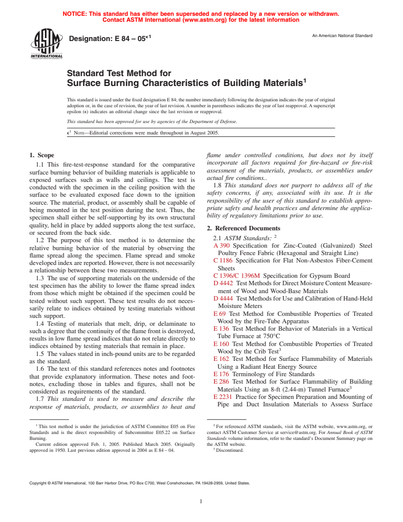 ASTM E84-05e1 - Standard Test Method for Surface Burning Characteristics of Building Materials