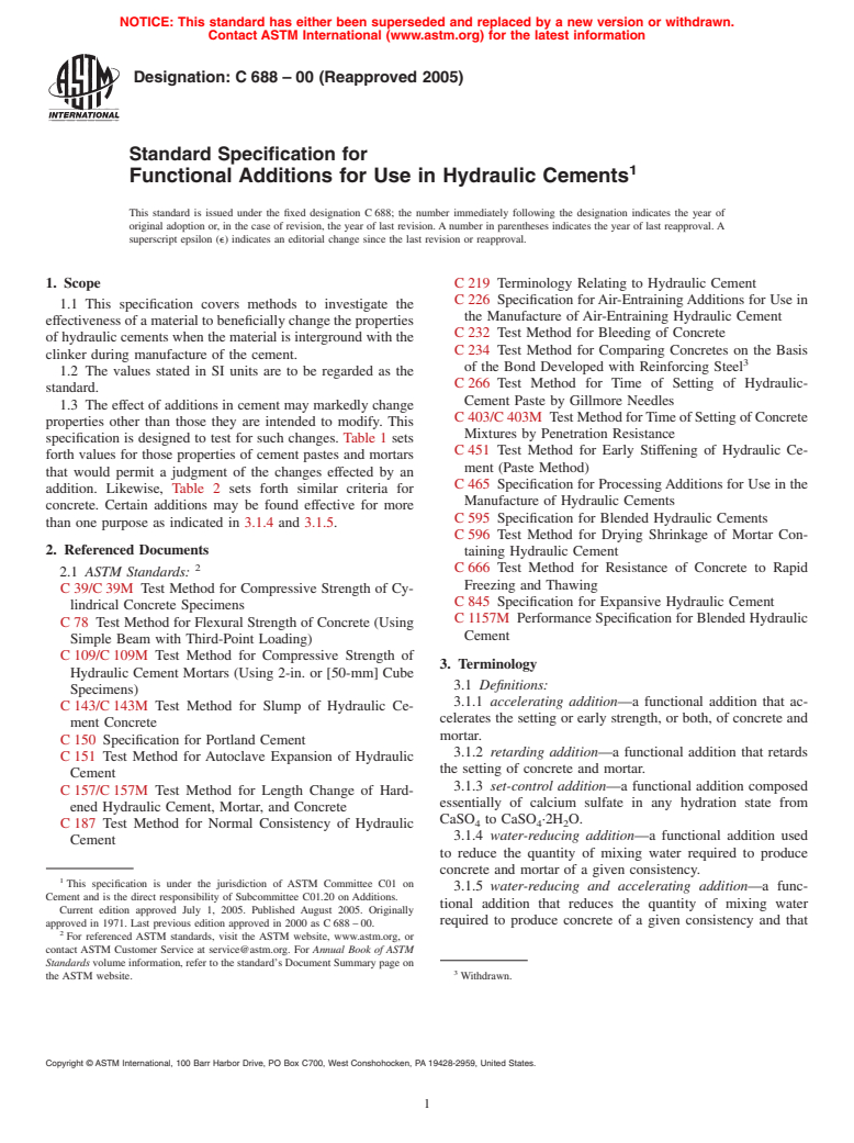 ASTM C688-00(2005) - Standard Specification for Functional Additions for Use in Hydraulic Cements