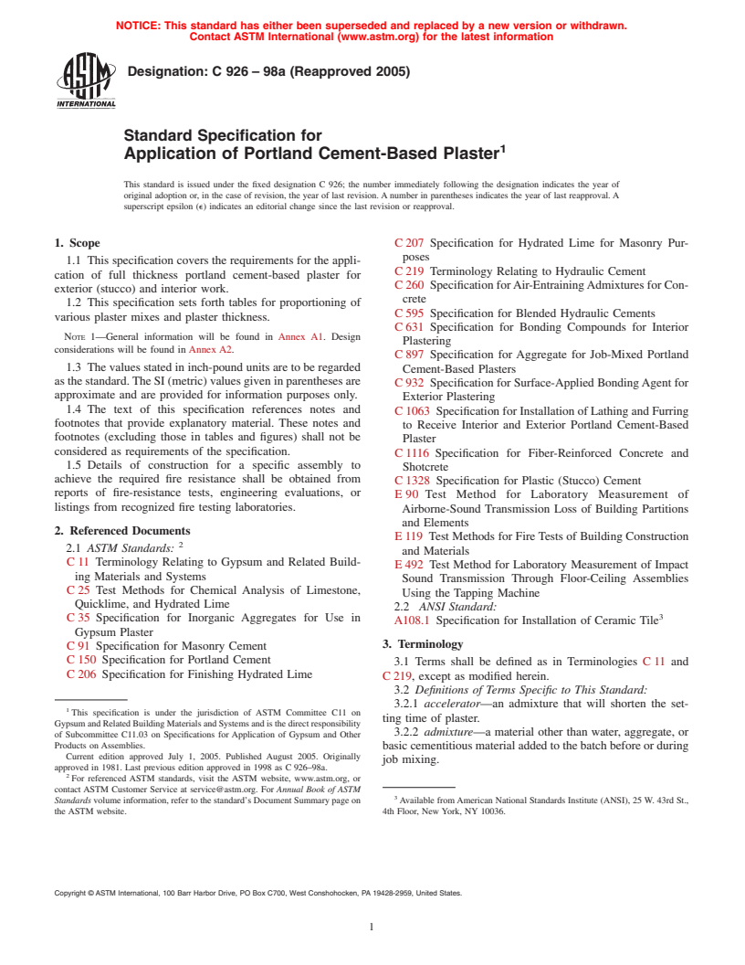 ASTM C926-98a(2005) - Standard Specification for Application of Portland Cement-Based Plaster