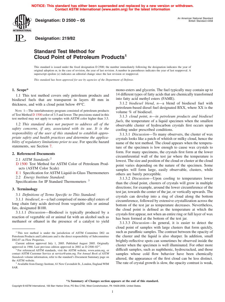 ASTM D2500-05 - Standard Test Method for Cloud Point of Petroleum Products