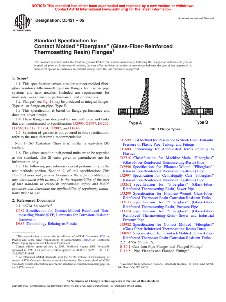 ASTM D5421-05 - Standard Specification for Contact Molded "Fiberglass" (Glass-Fiber-Reinforced Thermosetting Resin) Flanges