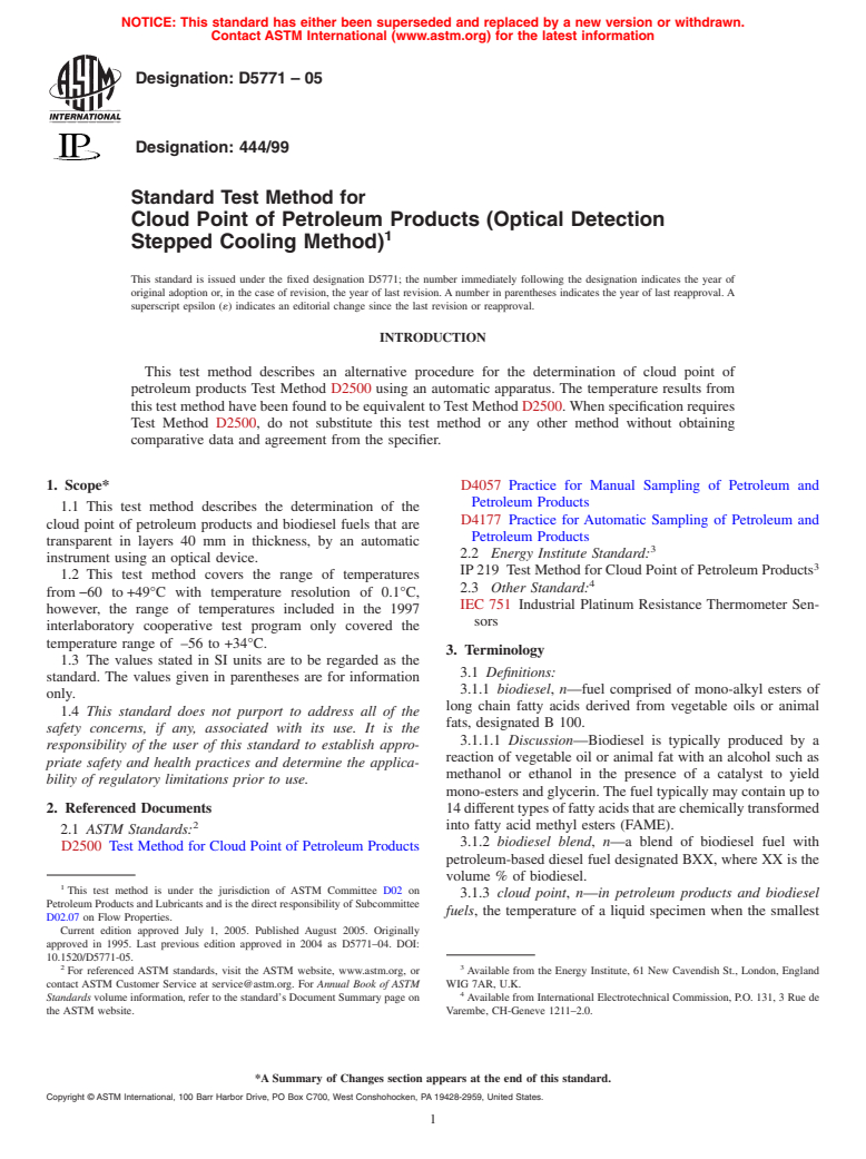 ASTM D5771-05 - Standard Test Method for Cloud Point of Petroleum Products (Optical Detection Stepped Cooling Method)