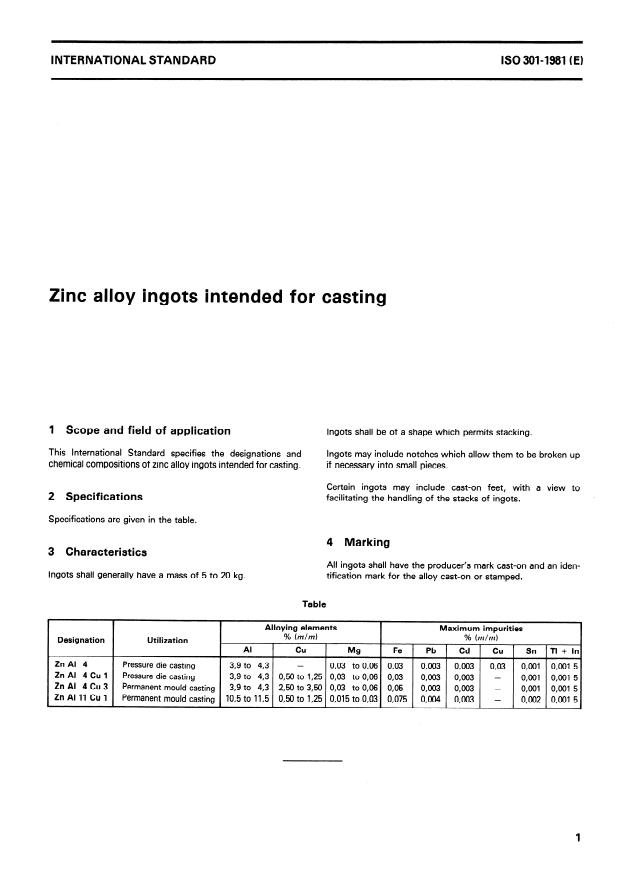 ISO 301:1981 - Zinc alloy ingots intended for casting