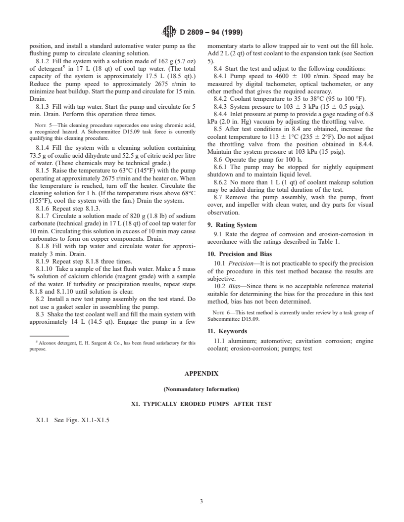 ASTM D2809-94(1999) - Standard Test Method for Cavitation Corrosion and Erosion-Corrosion Characteristics of Aluminum Pumps With Engine Coolants