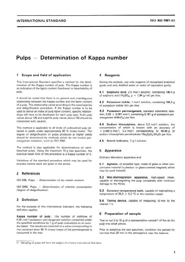 ISO 302:1981 - Pulps -- Determination of Kappa number