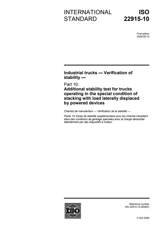 ISO 22915-10:2008 - Industrial trucks -- Verification of stability