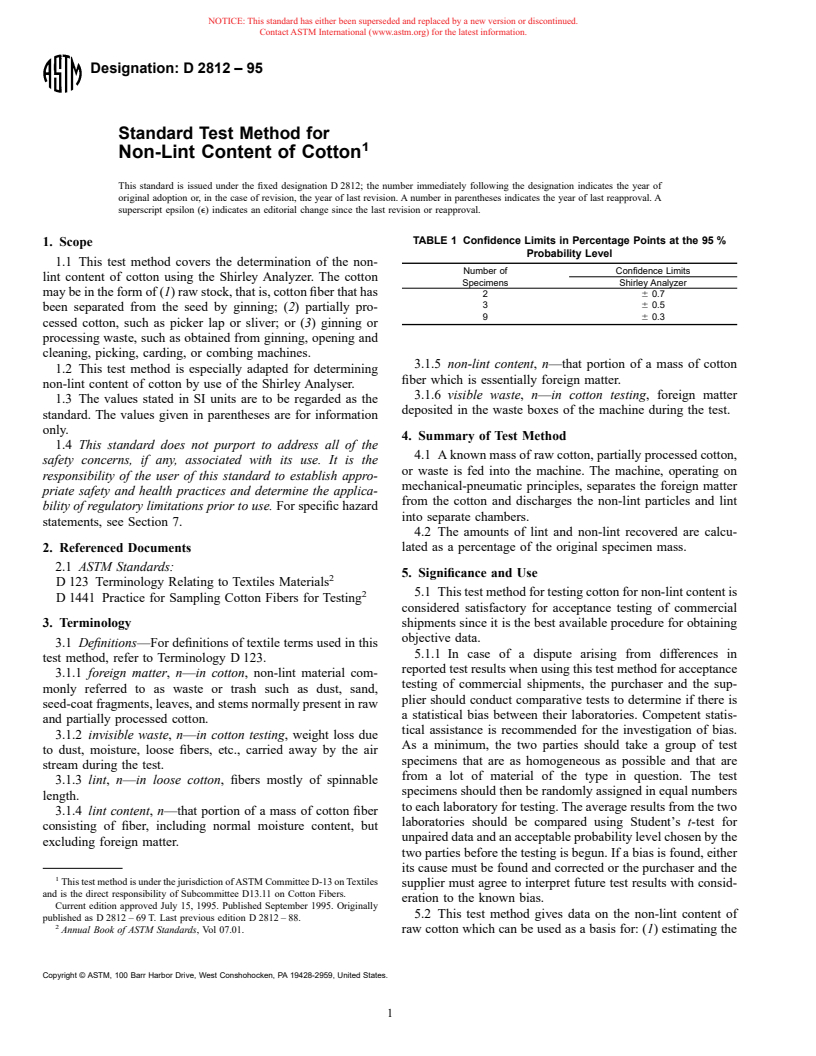 ASTM D2812-95 - Standard Test Method for Non-Lint Content of Cotton