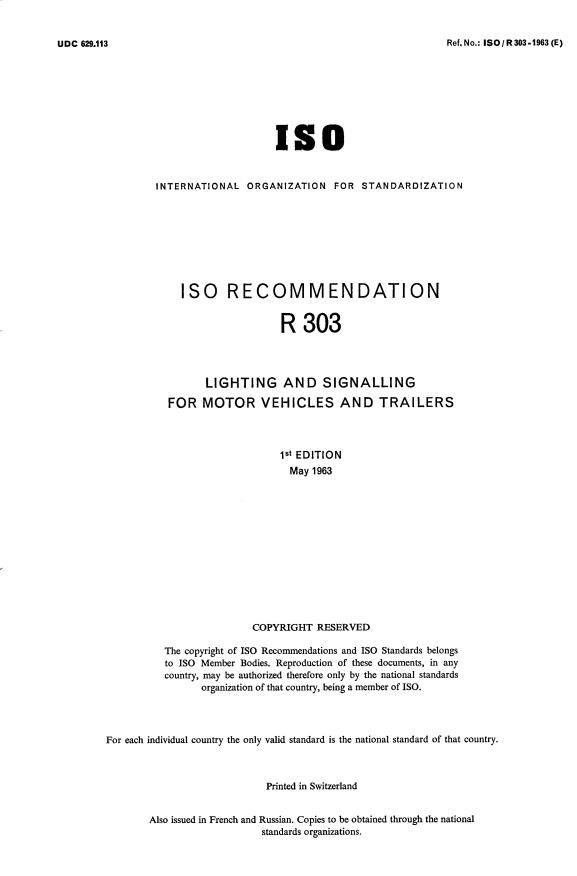 ISO/R 303:1963 - Lighting and signalling for motor vehicles and trailers