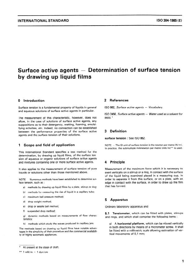 ISO 304:1985 - Surface active agents -- Determination of surface tension by drawing up liquid films