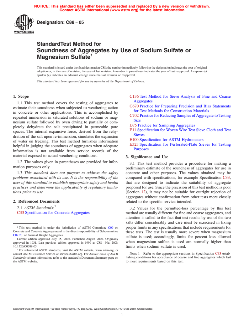 ASTM C88-05 - Standard Test Method for Soundness of Aggregates by Use of Sodium Sulfate or Magnesium Sulfate