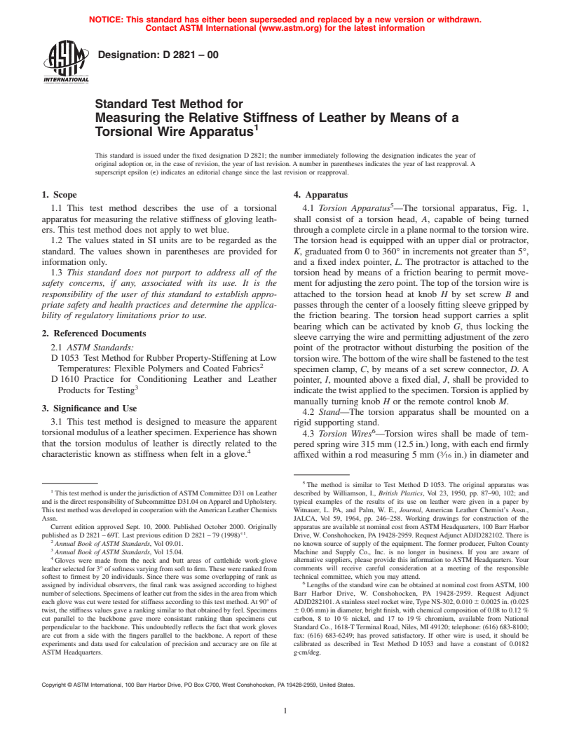 ASTM D2821-00 - Standard Test Method for Measuring the Relative Stiffness of Leather by Means of a Torsional Wire Apparatus