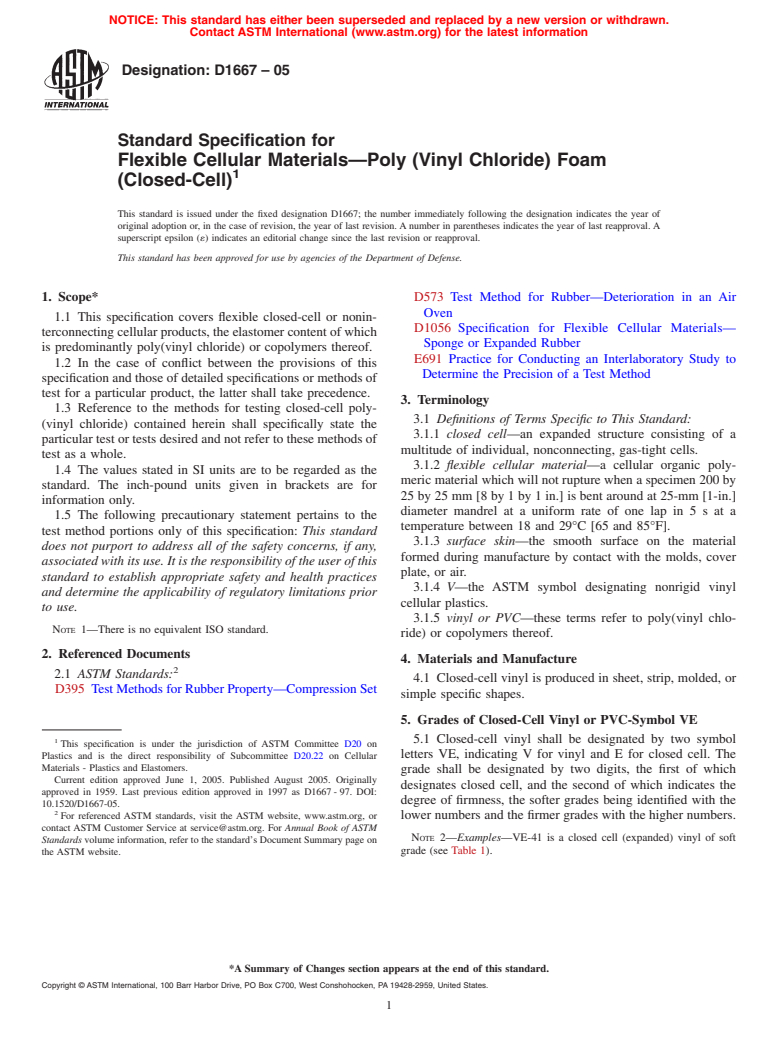 ASTM D1667-05 - Standard Specification for Flexible Cellular Materials-Vinyl Chloride Polymers and Copolymers (Closed-Cell Foam)