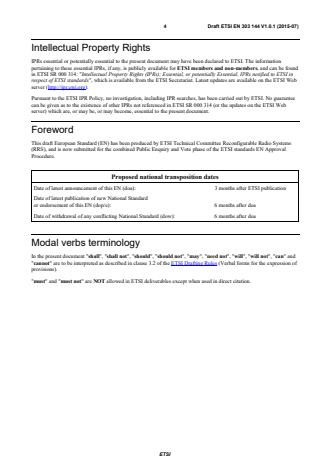 SIST EN 303 144 V1.1.1:2016 ETSI EN 303 144 V1.0.1 (2015-07) - Reconfigurable Radio Systems (RRS); Enabling the operation of Cognitive Radio System (CRS) dependent for their use of radio spectrum on information obtained from Geo-location Databases (GLDBs); Parameters and procedures for information exchange between different GLDBs - Page 4 preview