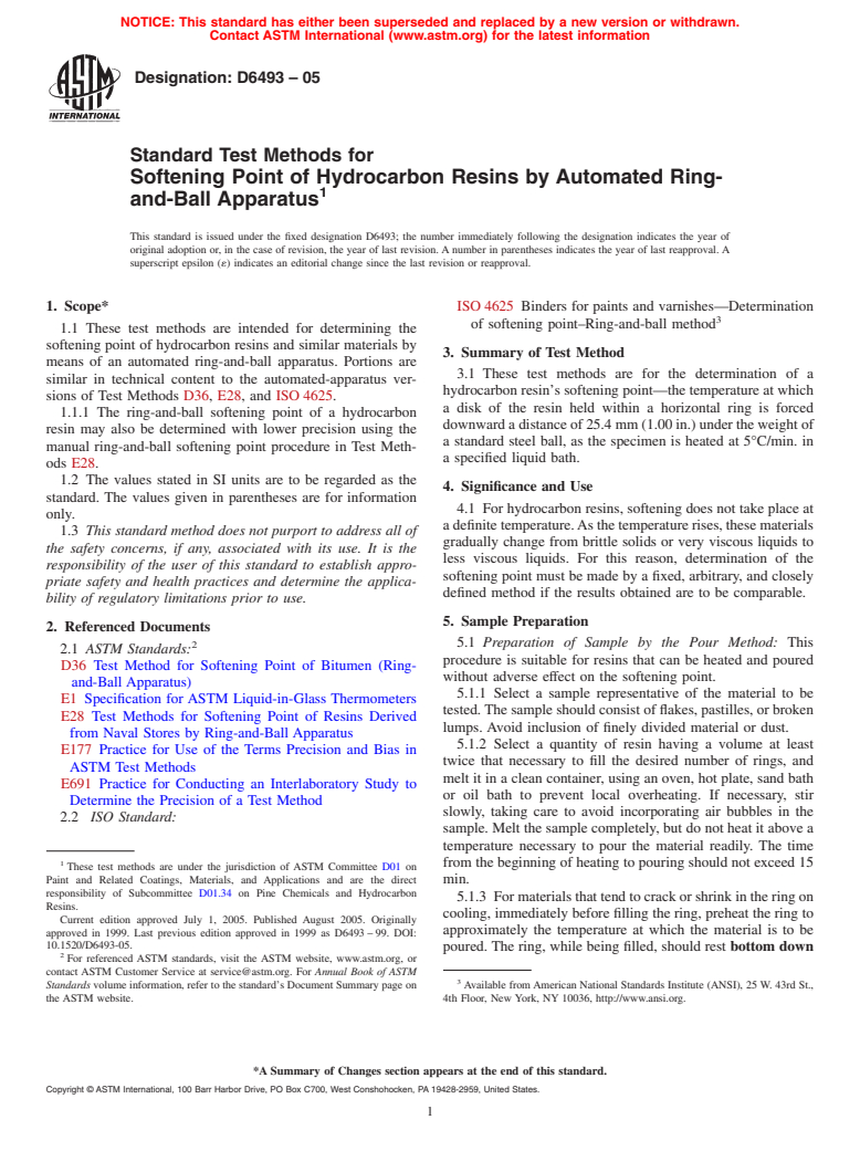 ASTM D6493-05 - Standard Test Methods for Softening Point of Hydrocarbon Resins by Automated Ring and Ball Apparatus