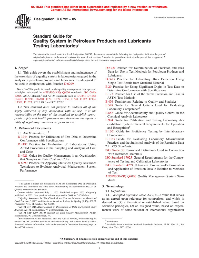 ASTM D6792-05 - Standard Guide for Quality System in Petroleum Products and Lubricants Testing Laboratories