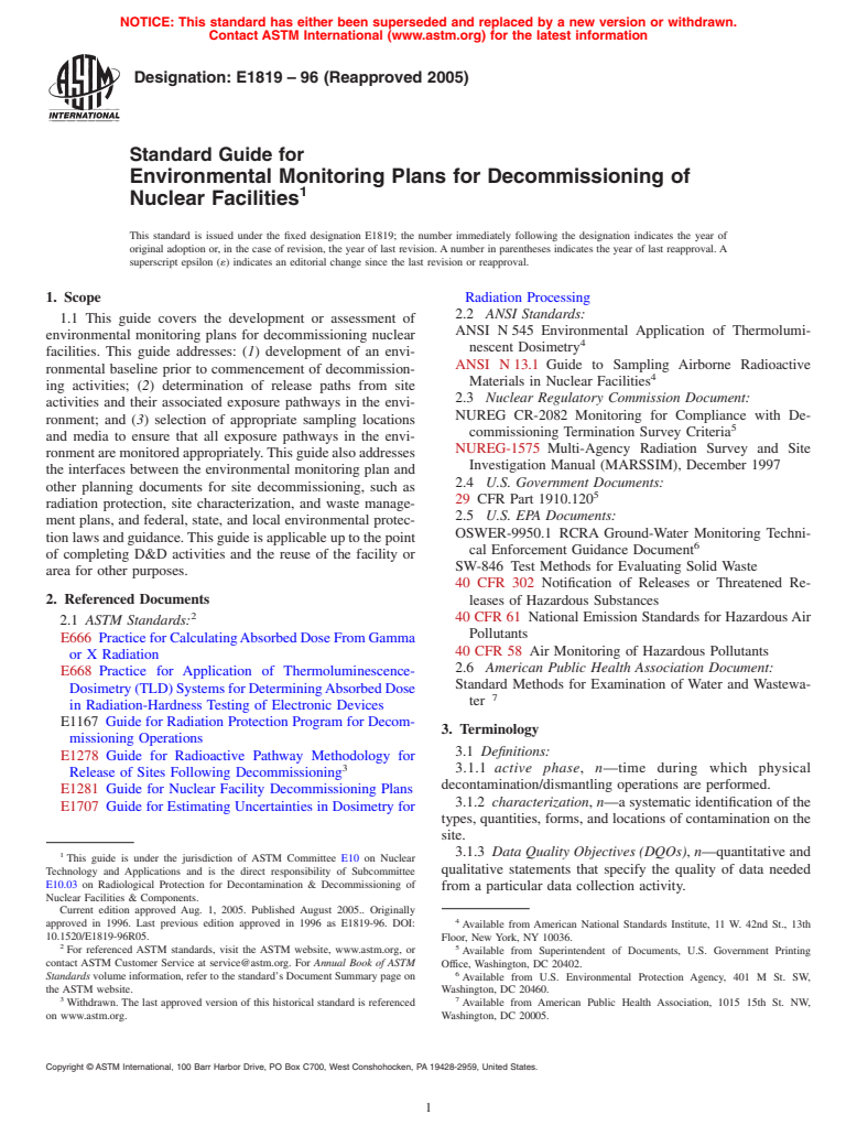 ASTM E1819-96(2005) - Standard Guide for Environmental Monitoring Plans for Decommissioning of Nuclear Facilities