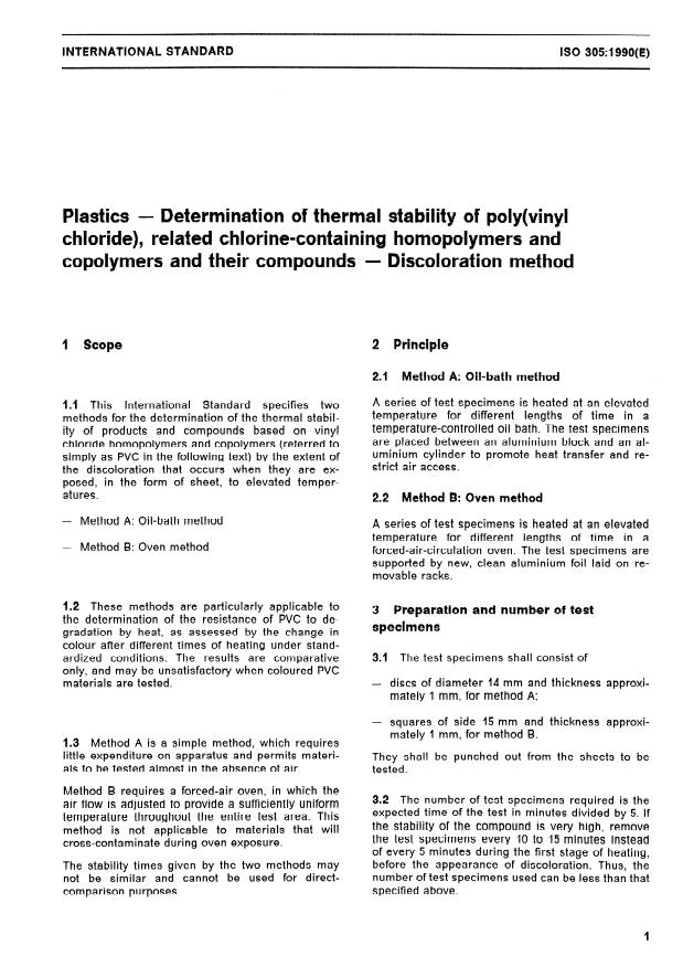 ISO 305:1990 - Plastics -- Determination of thermal stability of poly(vinyl chloride), related chlorine-containing homopolymers and copolymers and their compounds -- Discoloration method