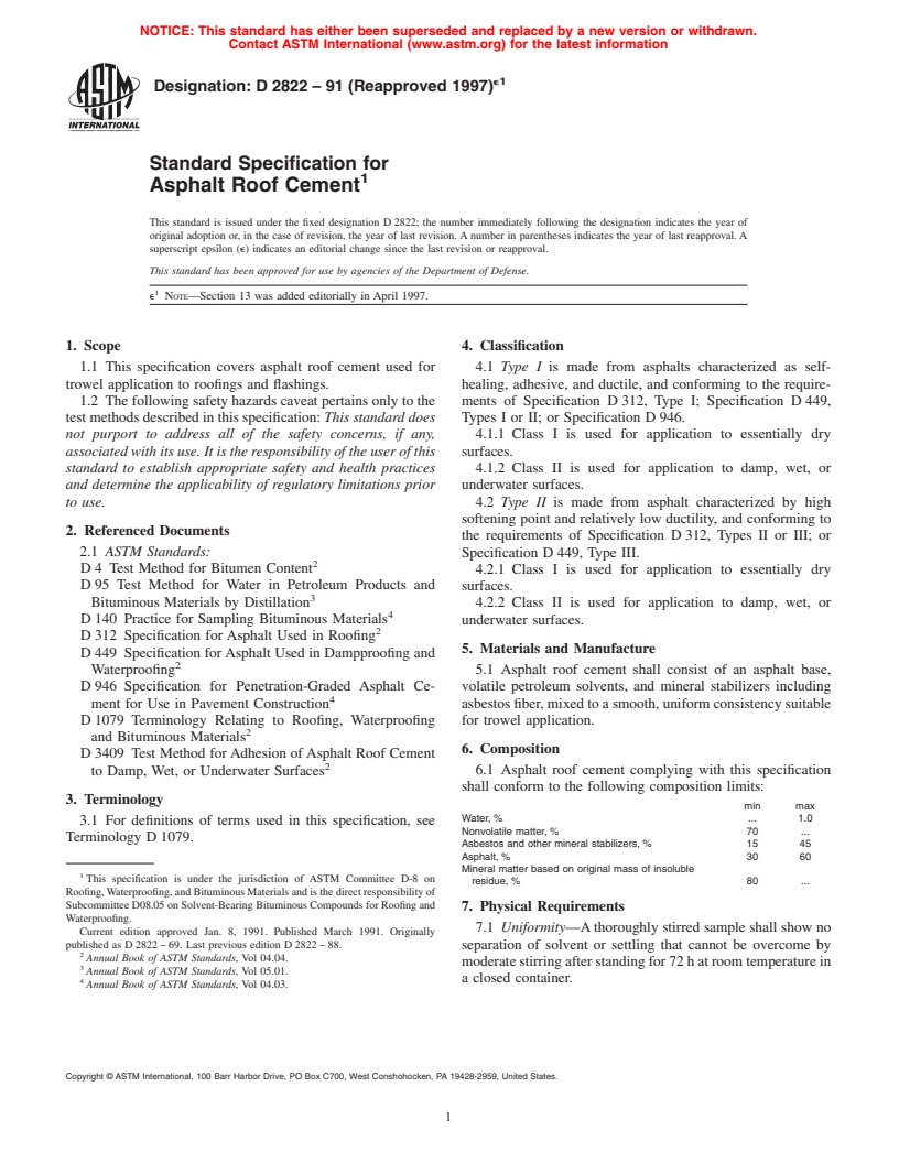 ASTM D2822-91(1997)e1 - Standard Specification for Asphalt Roof Cement, Asbestos Containing