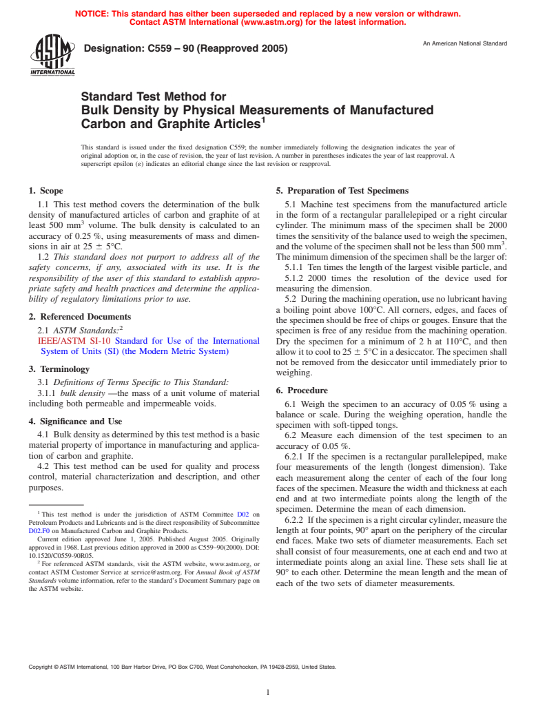 ASTM C559-90(2005) - Standard Test Method for Bulk Density by Physical Measurements of Manufactured Carbon and Graphite Articles