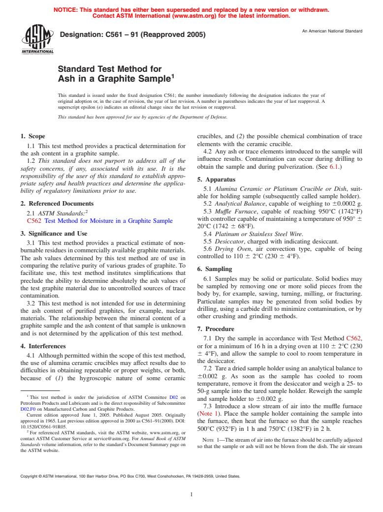 ASTM C561-91(2005) - Standard Test Method for Ash in a Graphite Sample