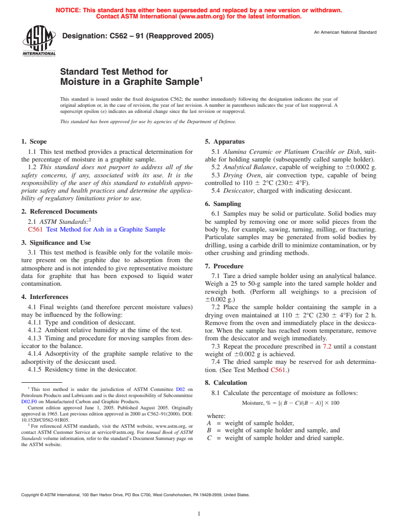 ASTM C562-91(2005) - Standard Test Method for Moisture in a Graphite Sample