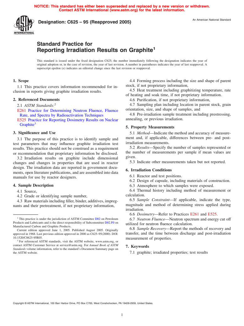 ASTM C625-95(2005) - Standard Practice for Reporting Irradiation Results on Graphite